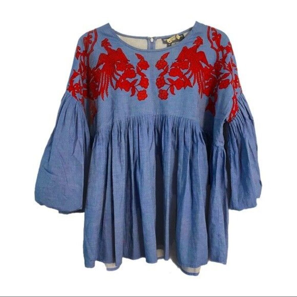 New Anthropologie Hemant & Nandita Lianna Embroidered Blue Red Peasant sz S